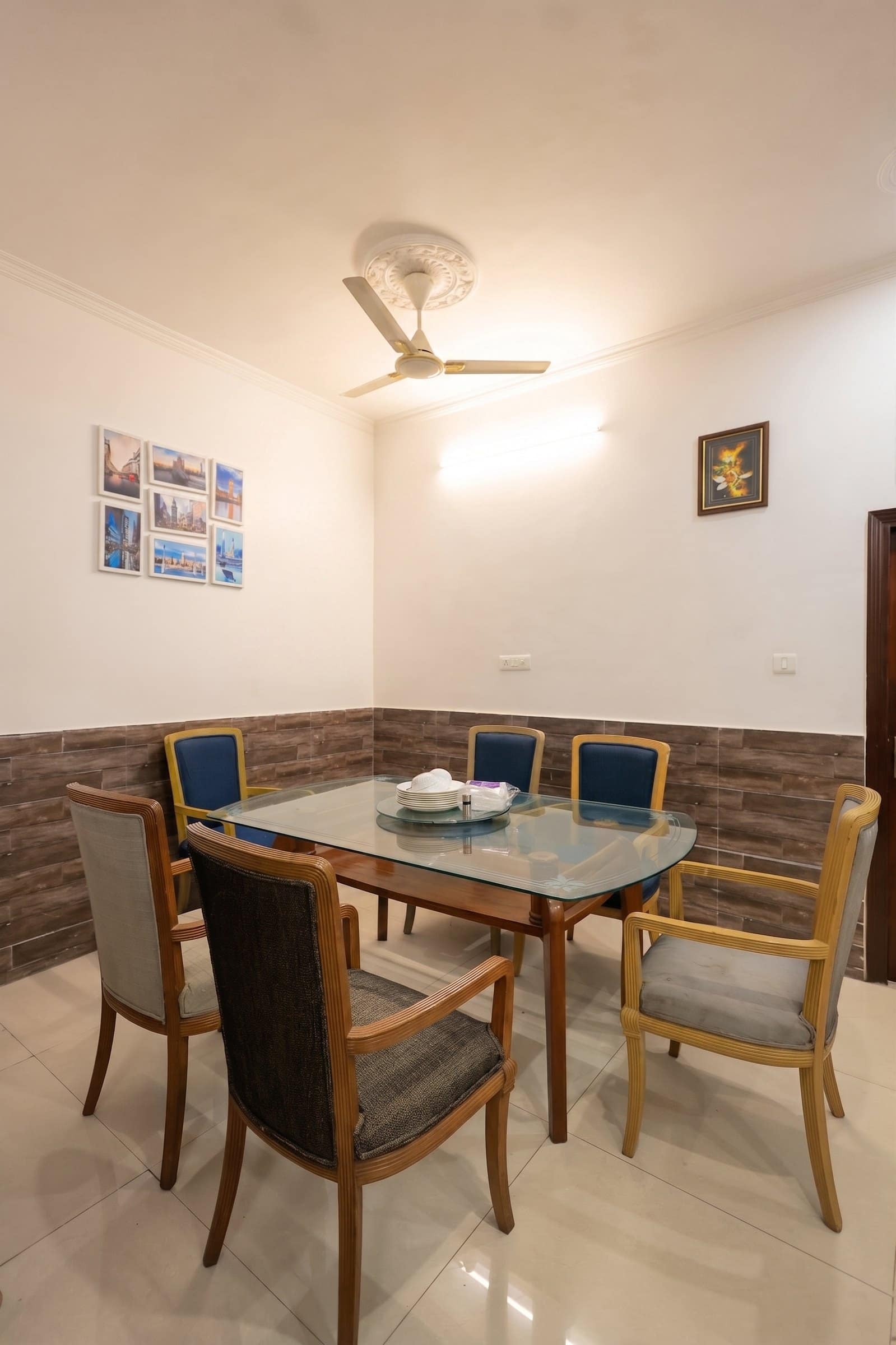 A dining table set for two