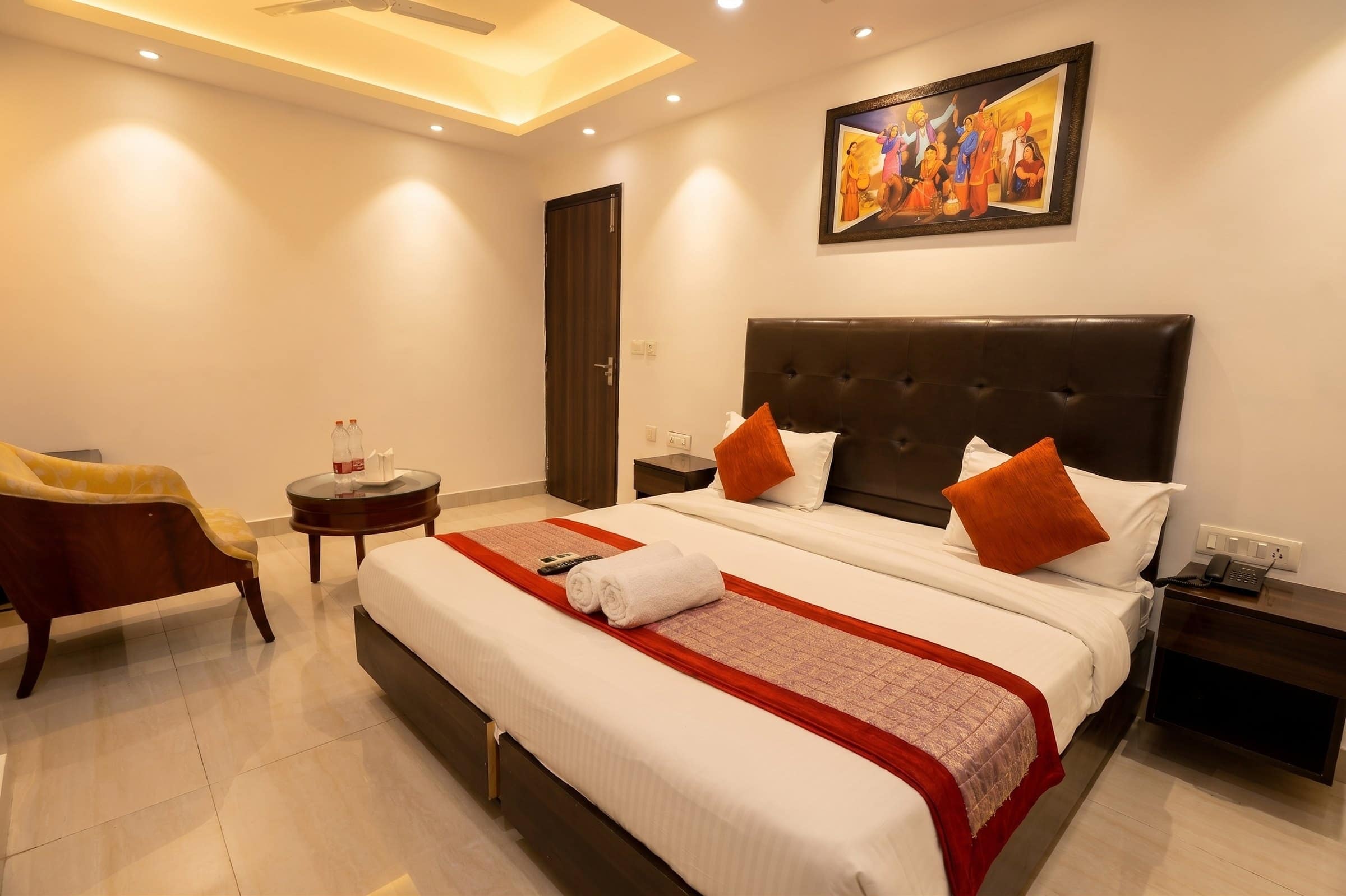A wide view of a twin room